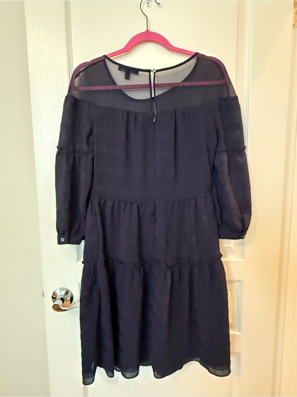 Banana Republic Deep Navy Sheer Yoke Tiered Long Sleeve Dress